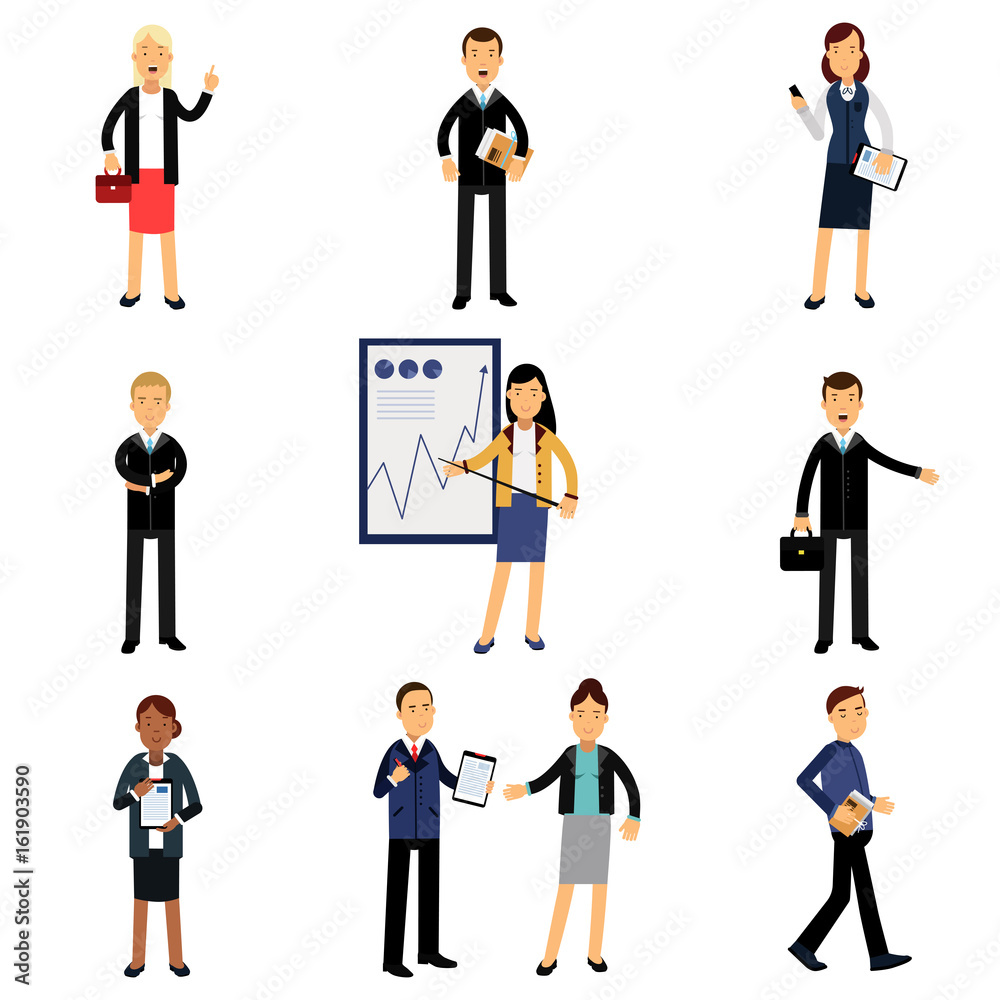 Businessmen in suits set, office employees characters vector Illustrations