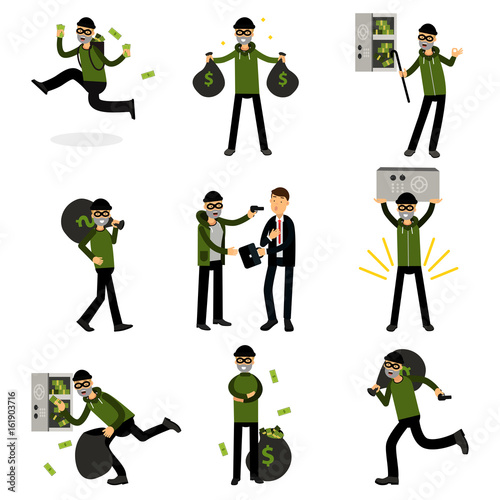 Sneaking thiefs set, burglars committing crimes vector Illustrations