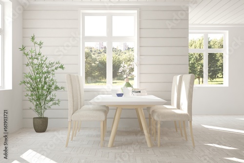Fototapeta Naklejka Na Ścianę i Meble -  White dinner room with green landscape in window. Scandinavian interior design. 3D illustration