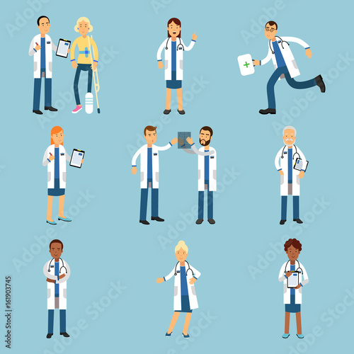 Hospital medical staff, set of practitioner young doctors colorful Illustrations