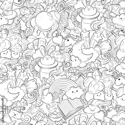 Vector hand drawn path, potion, magic, tricks, cards, hat, cloud, heart, stars, illustration for adult coloring book. Sketch for adult anti stress coloring book page with doodle and zentangle elements