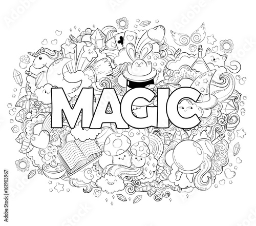 Halloween Concept. Hand drawn cartoon doodle illustration. Magic pattern. illustration for adult coloring book. Sketch for adult anti stress coloring book page with doodle and zentangle elements