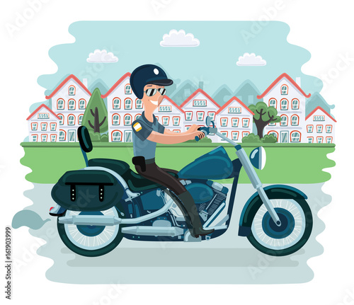 Cool police officer character sitting on motorcycle. Vector flat cartoon illustration