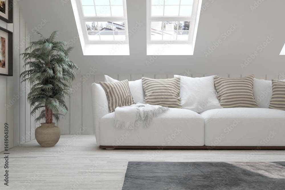 Fototapeta premium White idea of modern room with sofa. Scandinavian interior design. 3D illustration