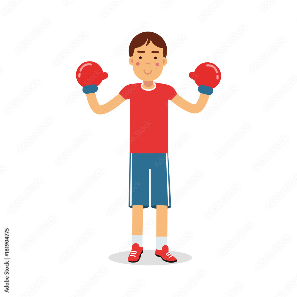 Active boy teen boxer in boxing gloves cartoon character, kids physical activities vector Illustration Active boy teen boxer in boxing gloves cartoon character, kids physical activities vector Illustration