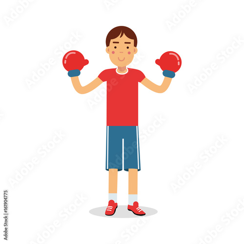 Active boy teen boxer in boxing gloves cartoon character, kids physical activities vector Illustration