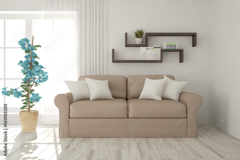 Idea of white modern room with sofa. Scandinavian interior design. 3D illustration