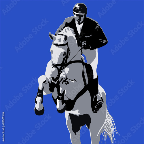 Gray horse and rider on blue background.
