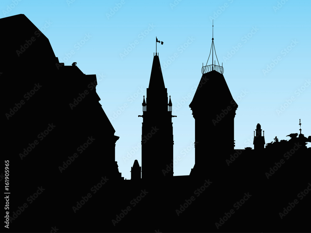 Silhouette of the Parliament Buildings on Parliament Hill, Ottawa, Ontario, Canada.