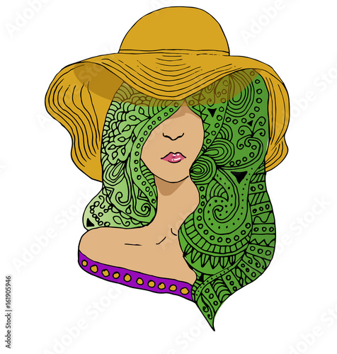 Vector young pretty girl with doodle  green hairs wearing hat. Fashion illustration.
