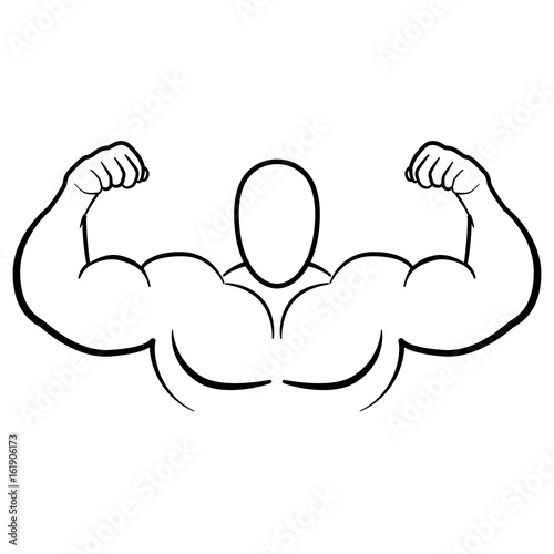 Bodybuilder muscle flex arms vector illustration. Strong macho biceps gym flexing hand vector icon isolated on white background