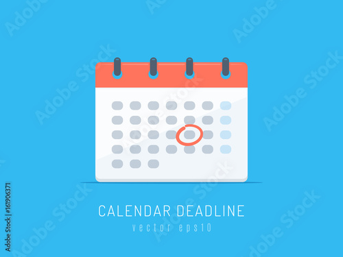 Flat calendar icon with deadline date rounded in red color vector illustration