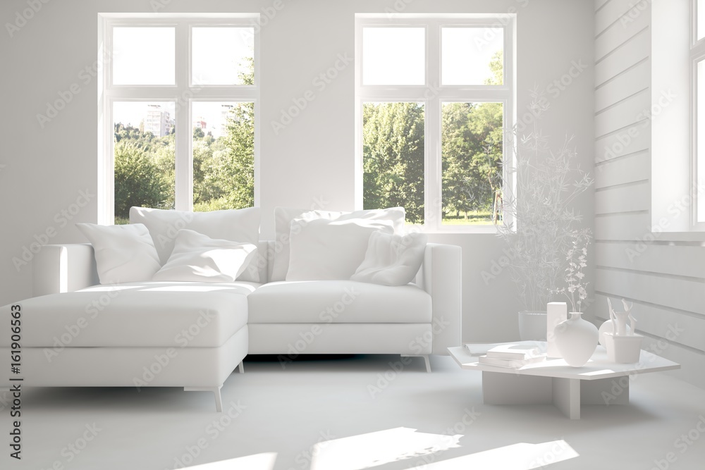 Fototapeta premium White room with sofa and green landscape in window. Scandinavian interior design. 3D illustration