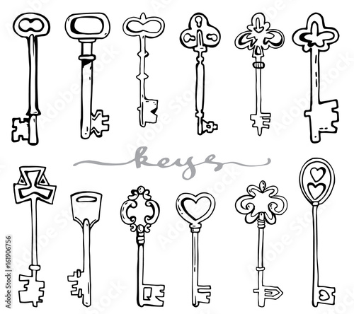 Vector set of hand-drawn antique keys. Illustration in sketch style on white background. Old design