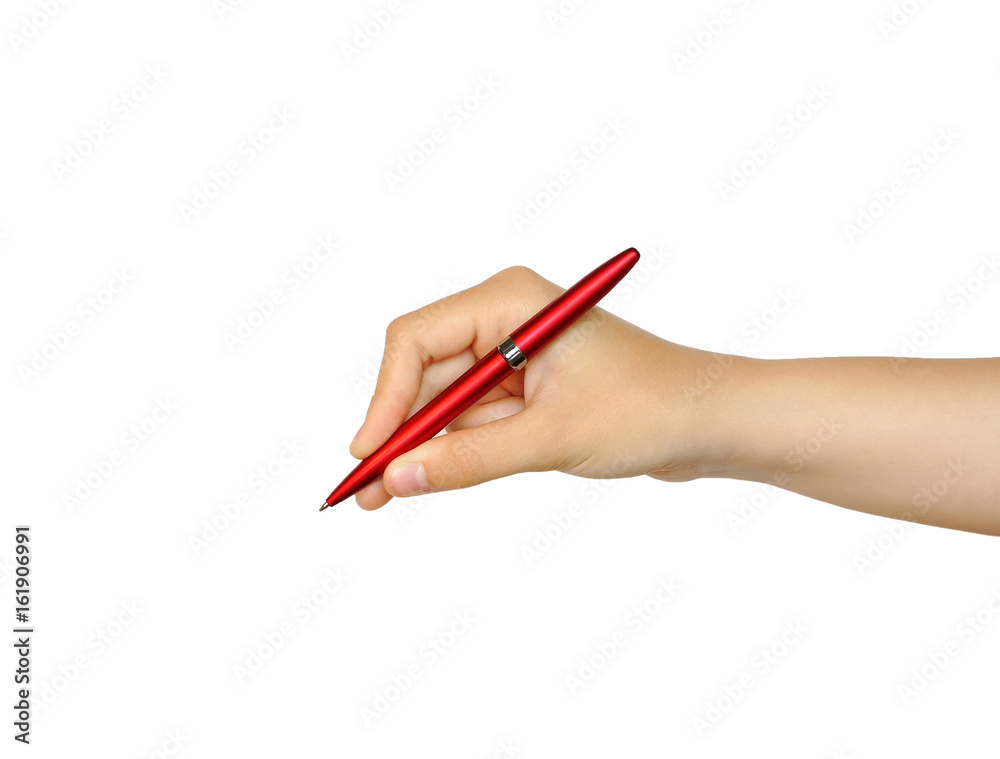 Pen in hand, of a red color, isolated on white background. Pen in hand, of a red color, isolated on white background.