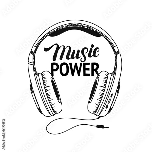 Headphone tee print. Music power hand written lettering.