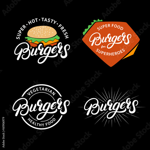 Set Burgers hand written lettering logos  badges  labels  emblems.