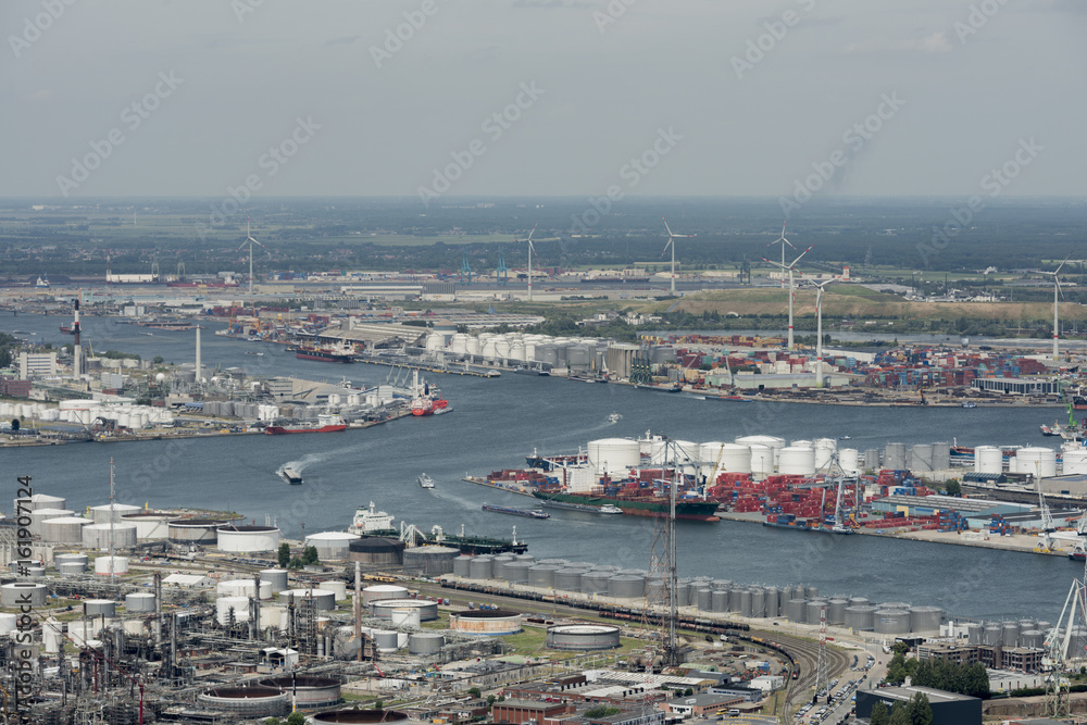 Aerial view on the Scheldt river running through the Port of Antwerp