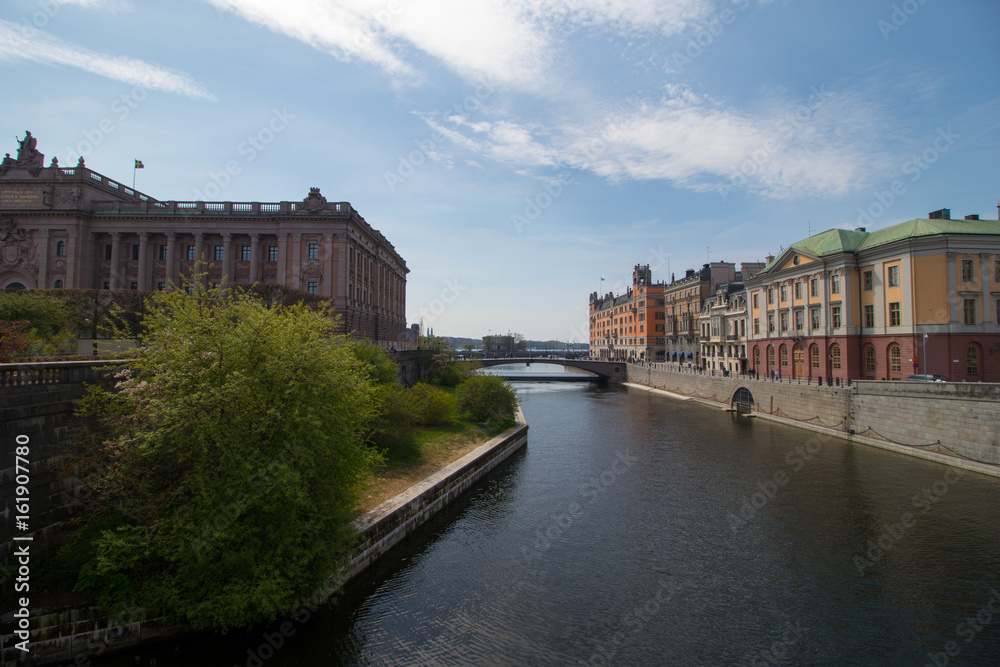 Water channel in Stockholm. The parliament building on the left side.