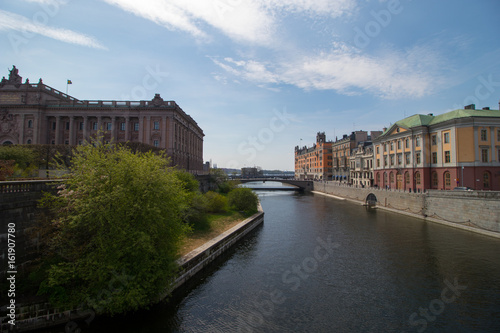 Water channel in Stockholm. The parliament building on the left side.