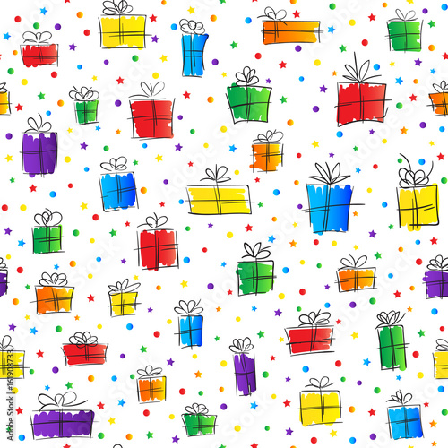 Seamless background with bright and funny hand drawn gift boxes and colorful confetti. Vector illustration.