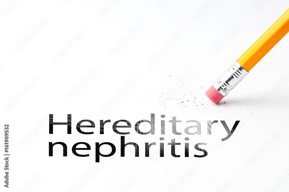 Closeup of pencil eraser and black hereditary nephritis text. Hereditary nephritis. Pencil with eraser. Closeup of pencil eraser and black hereditary nephritis text. Hereditary nephritis. Pencil with eraser.