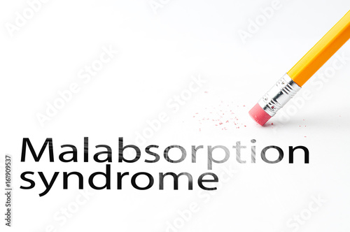 Closeup of pencil eraser and black malabsorption syndrome text. Malabsorption syndrome. Pencil with eraser.
