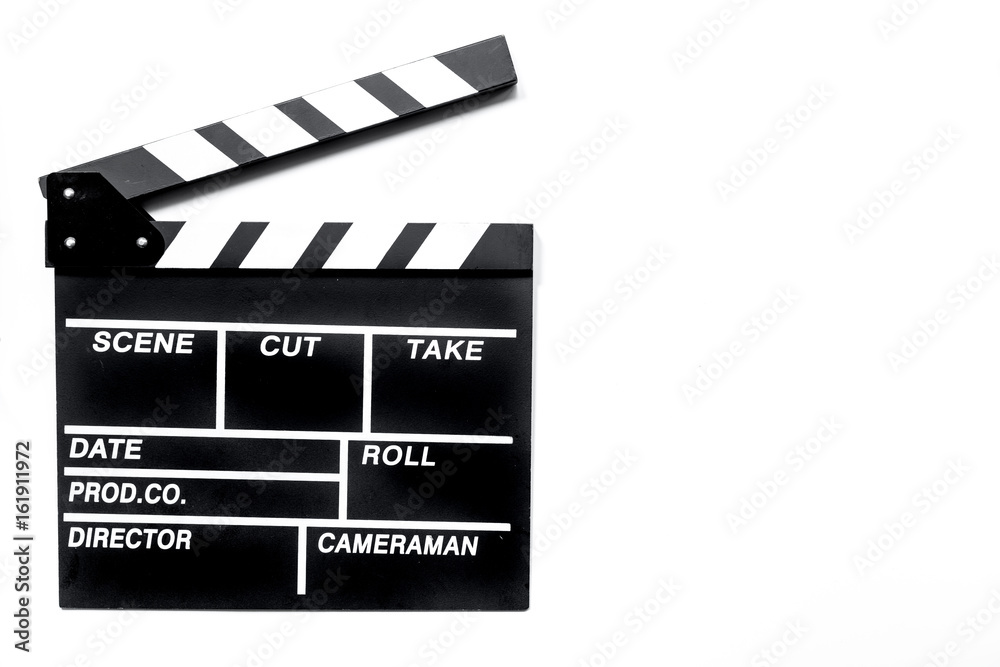Movie clapperboard on white background top view copyspace