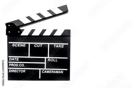 Movie clapperboard on white background top view copyspace photo