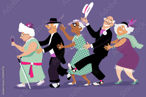 Fototapeta Naklejka Na Ścianę i Meble -  Group of active seniors dressed in retro fashion dancing conga line, EPS 8 vector illustration