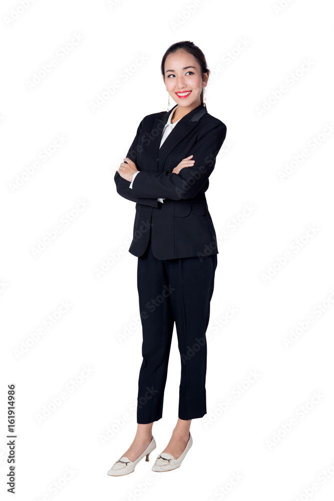 Smiling business woman black suit dressed standing against white background with crossed arms. Copy space. Smiling business woman black suit dressed standing against white background with crossed arms. Copy space.