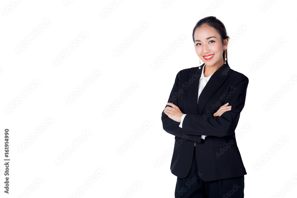 Smiling business woman black suit dressed standing against white background with crossed arms. Copy space. Smiling business woman black suit dressed standing against white background with crossed arms. Copy space.