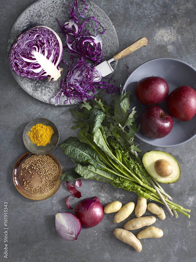 Overhead view of organic raw vegetables and fruits ingredients Overhead view of organic raw vegetables and fruits ingredients