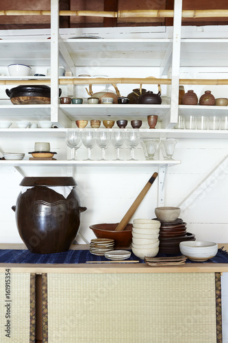 Kitchen shelves with Asian dishes