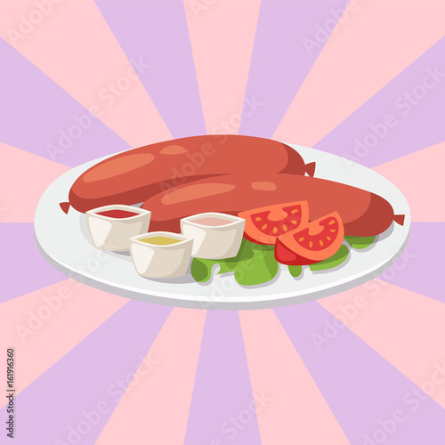 Smoke dried sausages with ketchup dish meat dinner cuisine delicious lunch pork meal barbecue vector illustration