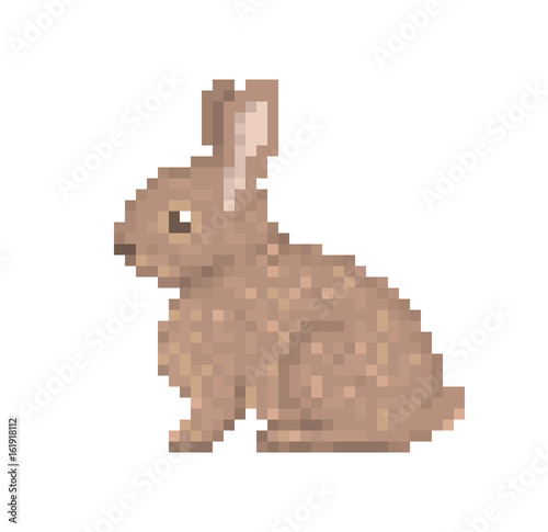 Old school 8 bit pixel art brown rabbit sitting on the ground. Cute pet bunny icon isolated on white background. Side view hare symbol. Retro video/pc game wild animal character. Slot machine graphics