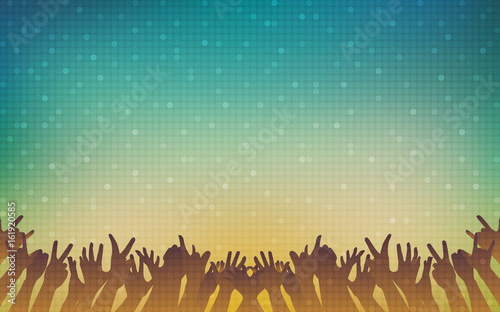 silhouette of people raise hand up in concert with digital dot pattern on vintage color background