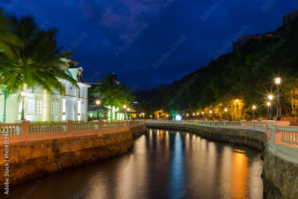 Night scenery of the town on the river in Hon Tre island, Nha Trang, Vietnam