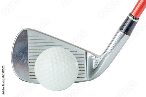 Action golf ball in front of golf club on white background, golf concept.