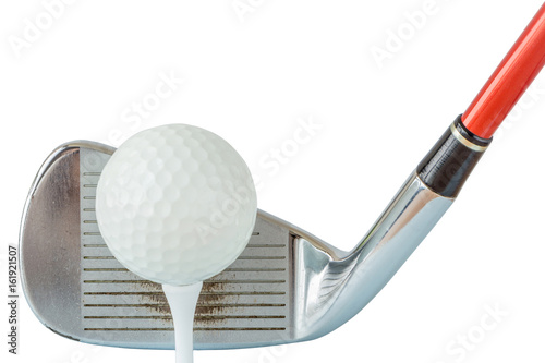 The old metal golf club and golf ball on tee with white background, golf sport concept.
