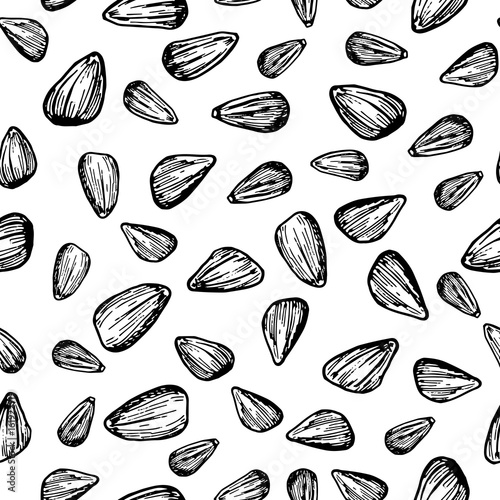 Sunflower seed vector seamless pattern. Hand drawn background. Food ingedient sketch.