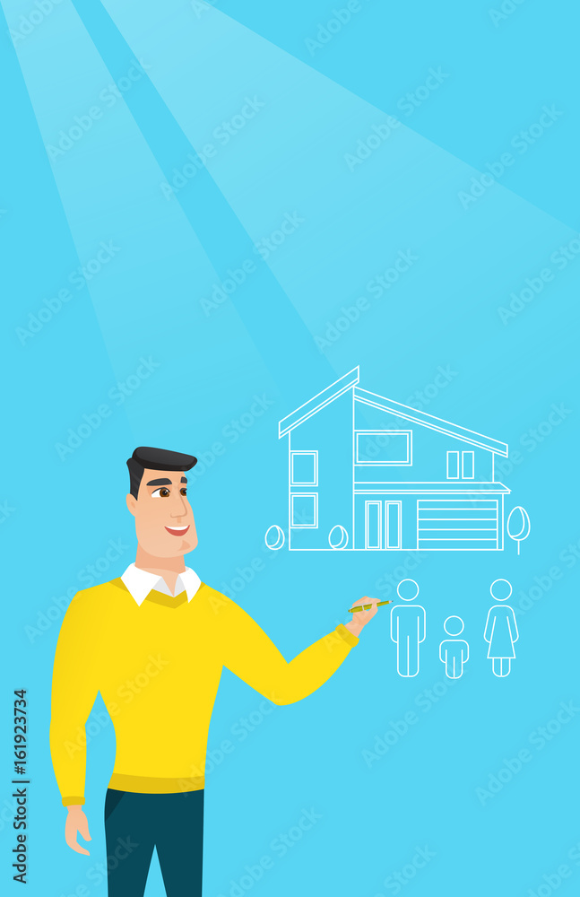 Young man drawing his family house. Young man drawing his family house.