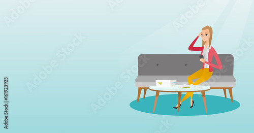 Unhappy caucasian woman accounting home bills.