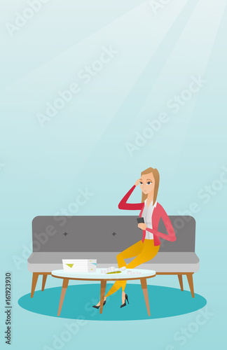 Unhappy caucasian woman accounting home bills.