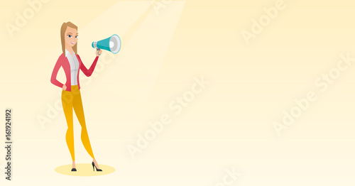 Young woman speaking into a megaphone.