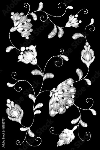 Tribal flower embroidery crewel patch.Black white monochrome lace floral textile ornament. Ornate vector illustration