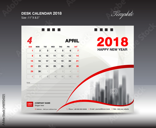 Desk Calendar for 2018 Year, April 2018, Week starts Monday, Stationery design