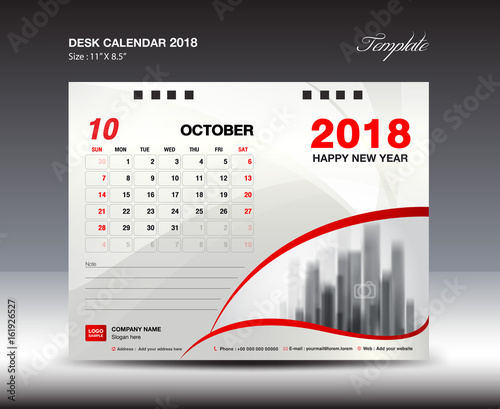 Desk Calendar for 2018 Year, October 2018, Week starts Monday, Stationery design