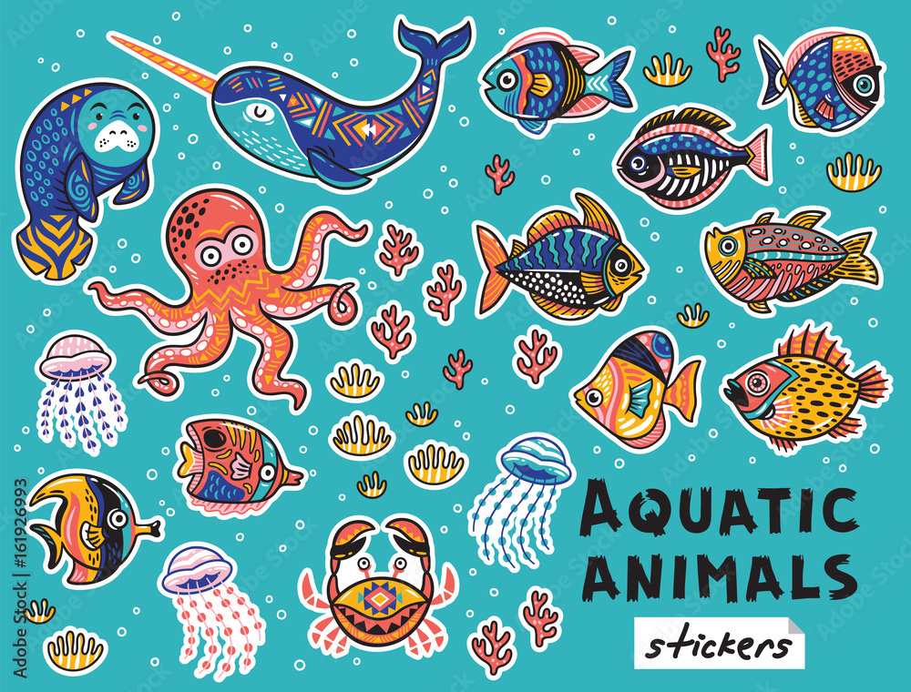 Fototapeta premium Decorative aquatic animals and fishes set. Colorful vector childish patches