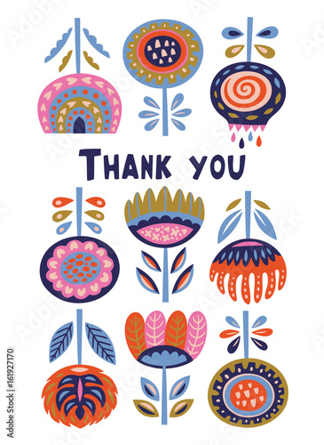 Scandinavian flora banner with thanx message. Swedish folk art